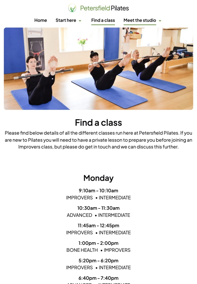Class listing page for Petersfield Pilates