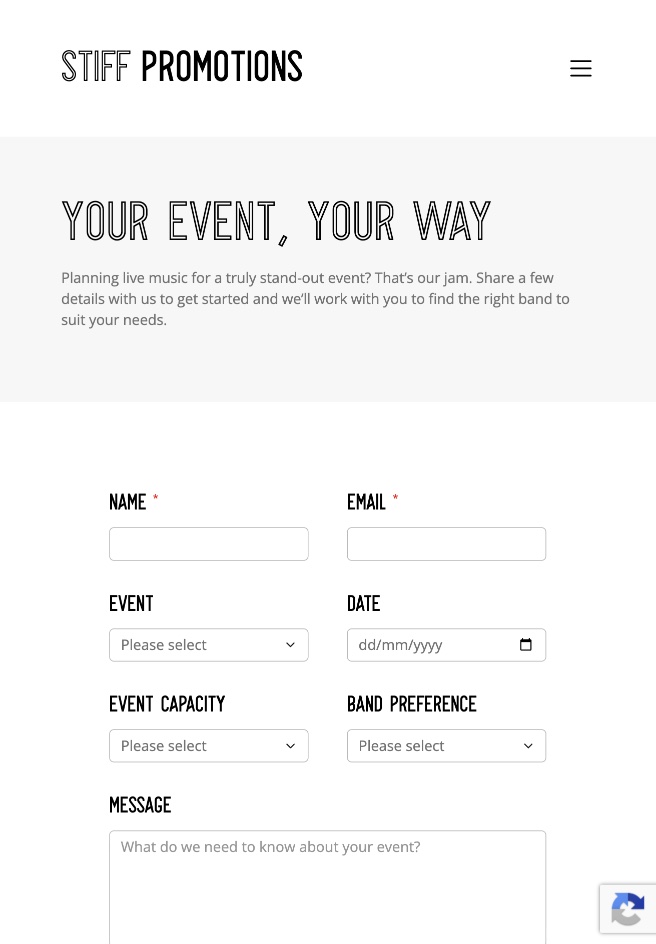 Event enquiry website design for Stiff Promotions