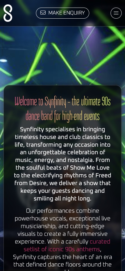 Mobile responsive website for 90s dance band Synfinity